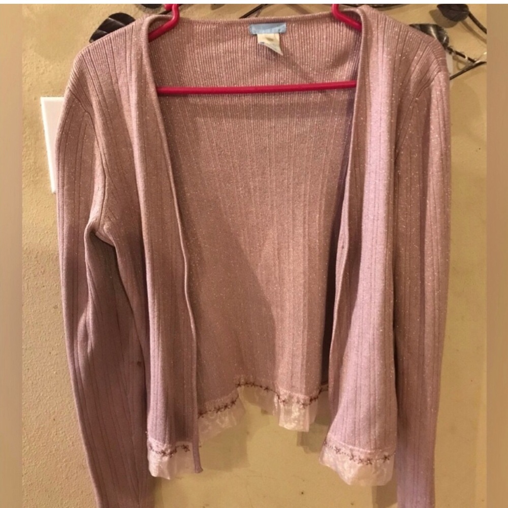 Silk Sparkle Ribbed Open-Front Cardigan - Dusty Pink, Size Medium